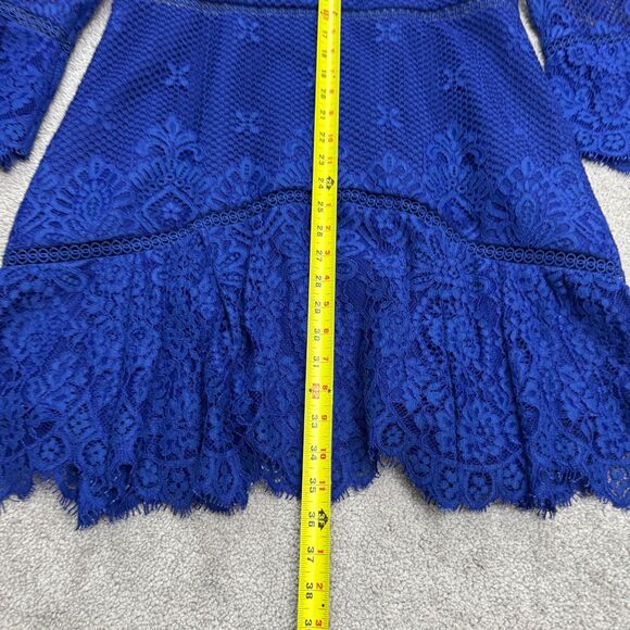 Ever New Melbourne Lace Mesh Mini Dress Womens 12 Blue Bell Sleeve Backless - Picture 9 of 14